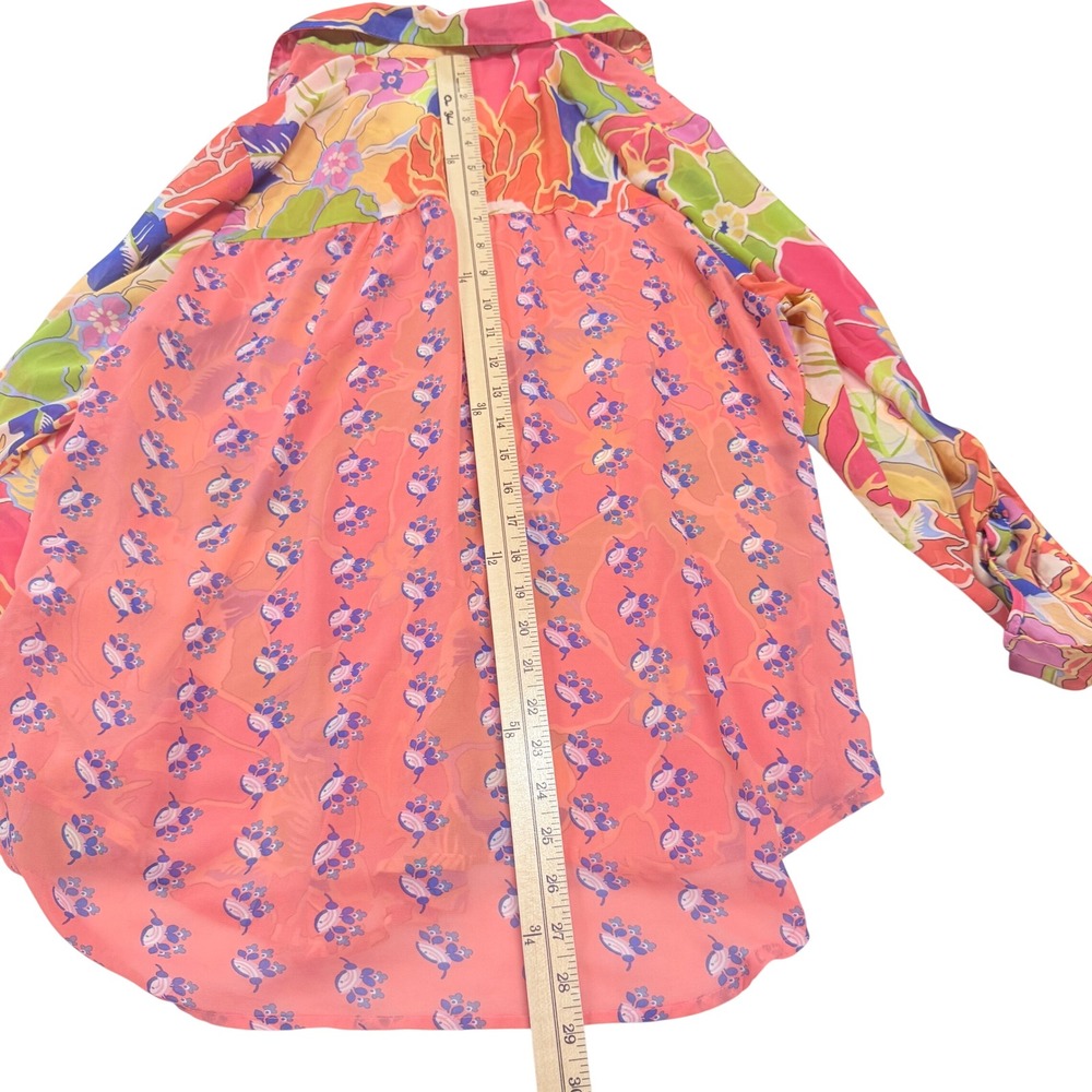 Fig and FlowerTropical Floral Button Up Roll Tab Sleeve Blouse Coral Pink L - Picture 9 of 10